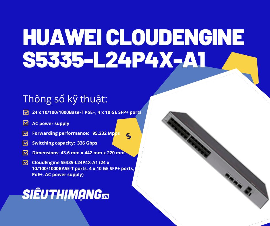 Huawei S5335-L24P4X-A1 - CloudEngine S5335-L24P4X-A1 (24 x 10/100/1000BASE-T ports, 4 x 10 GE SFP+ ports, PoE+, AC power supply) Huawei S5335-L24P4X-A1 - CloudEngine S5335-L24P4X-A1 (24 x 10/100/1000BASE-T ports, 4 x 10 GE SFP+ ports, PoE+, AC power supply)