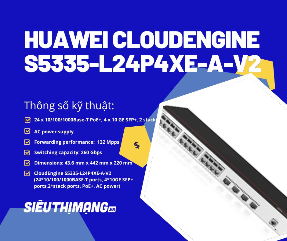 CloudEngine S5335-L24P4XE-A-V2 (24*10/100/1000BASE-T ports, 4*10GE SFP+ ports,2*stack ports, PoE+, AC power)