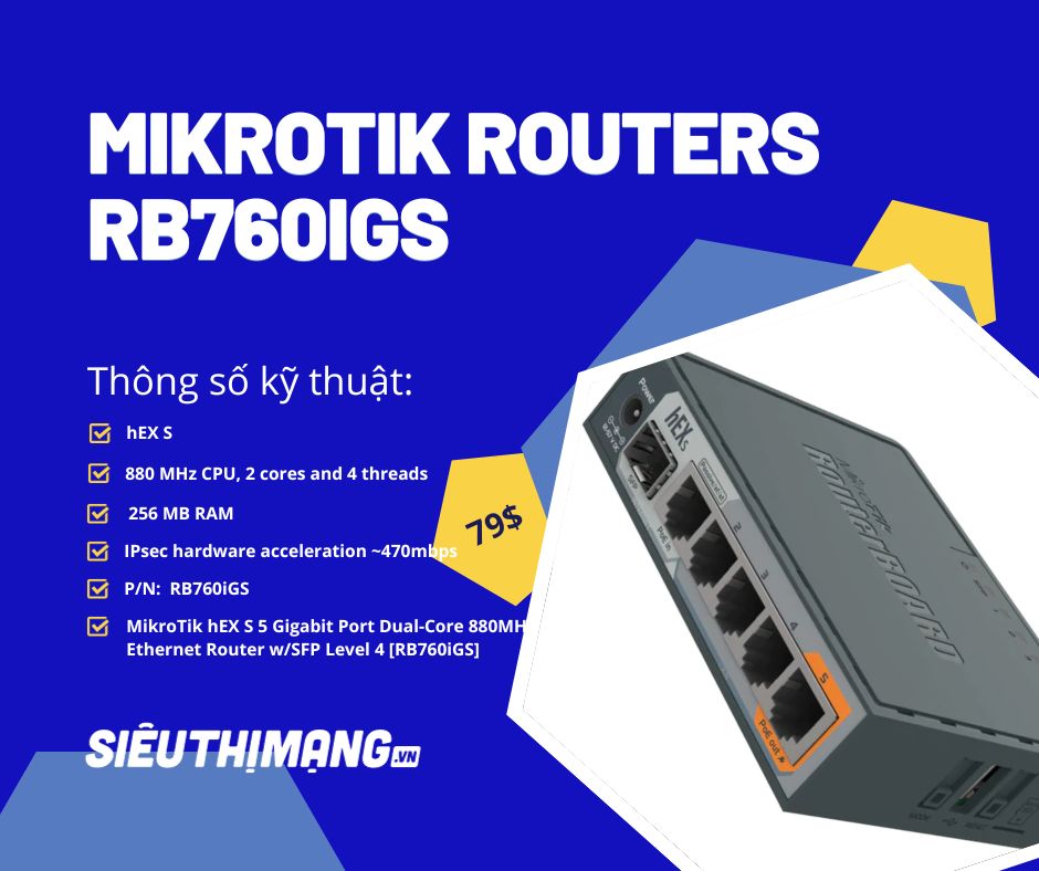 MikroTik hEX S 5 Gigabit Port Dual-Core 880MHz Ethernet Router wSFP Level 4 RB760iGS